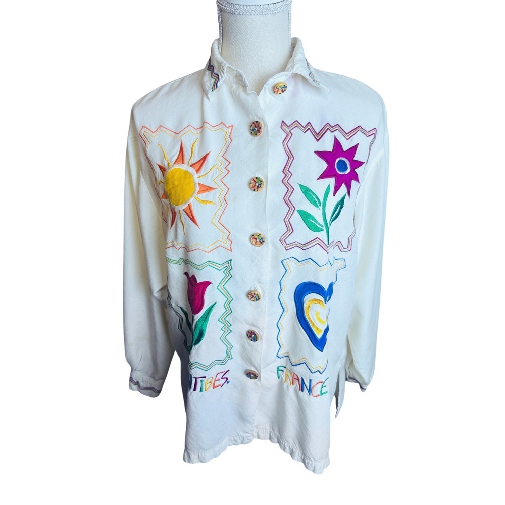 Vintage 90s Express Antibes France Colorful Embroidered Shirt White Flaws